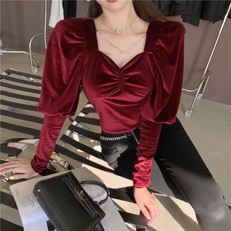 H7 B1378 Korean velvet top variasi brukat leher kotak / Atasan lengan panjang