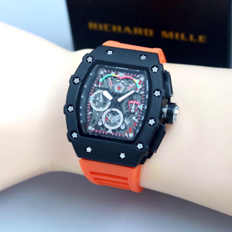 Jam Tangan Kasual Jam Tangan RM Terlaris Body Stainliss Tali Rubber Tanggal Aktif