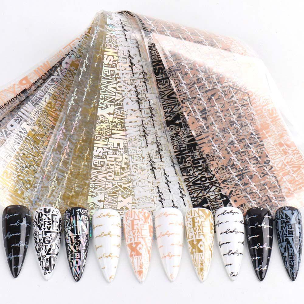 AUGUSTINA Agustina Stiker Kuku Laser DIY 10 Pcs Nail Art Dekorasi Manicure Huruf Inggris Garis Geometris Transfer Air Stiker