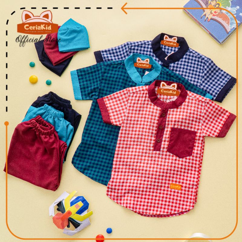 [Ceriakid] Baju Koko Anak Setelan Celana Peci Motif Kotak Kecil