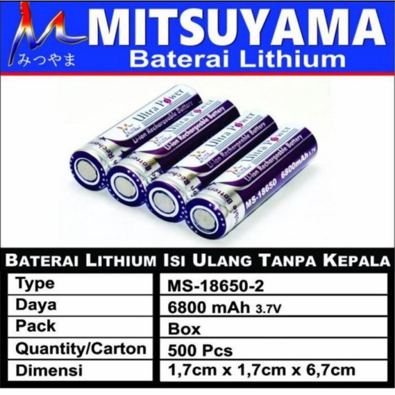 Jual Baterai 18650 Rechargeable Mitsuyama 6800mah Flat Top Kepala Datar Shopee Indonesia 2664