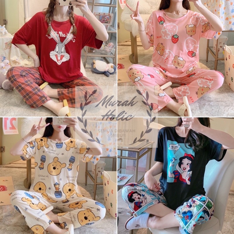 Baju Tidur Set Lengan Pendek Celana Panjang Wanita Setelan Piyama Cewek Baju Santai Rumah Perempuan Motif Karakter Import Korea Bahan Adem Lucu Murah Fashion Remaja Impor