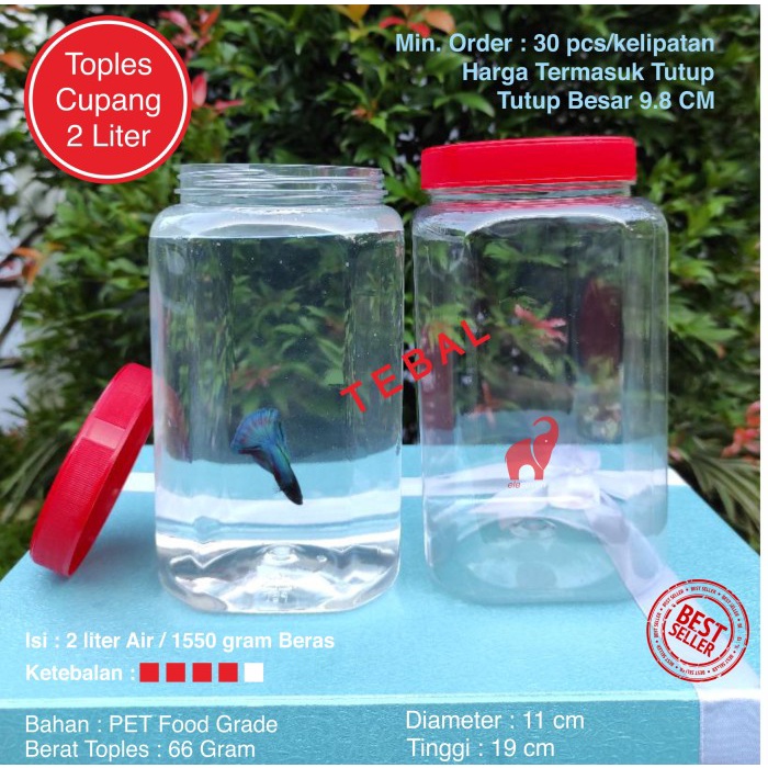 Makanan-Toples- Toples Plastik Kotak Ikan Cupang 2 Liter Tebal -Toples-Makanan.