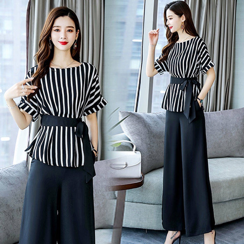 NEW 2Pcs Setelan Wanita Blus Bergaris Lengan Pendek Ikat + Celana Longgar Wide Leg Set Kasual Hitam