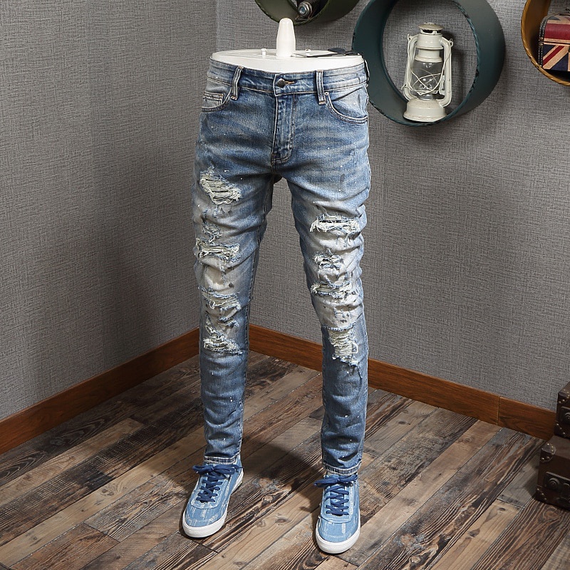 Celana Streetwear Pria Import High Street Fashion Men Jeans Light Blue Painted Ripped Jeans Men Dest