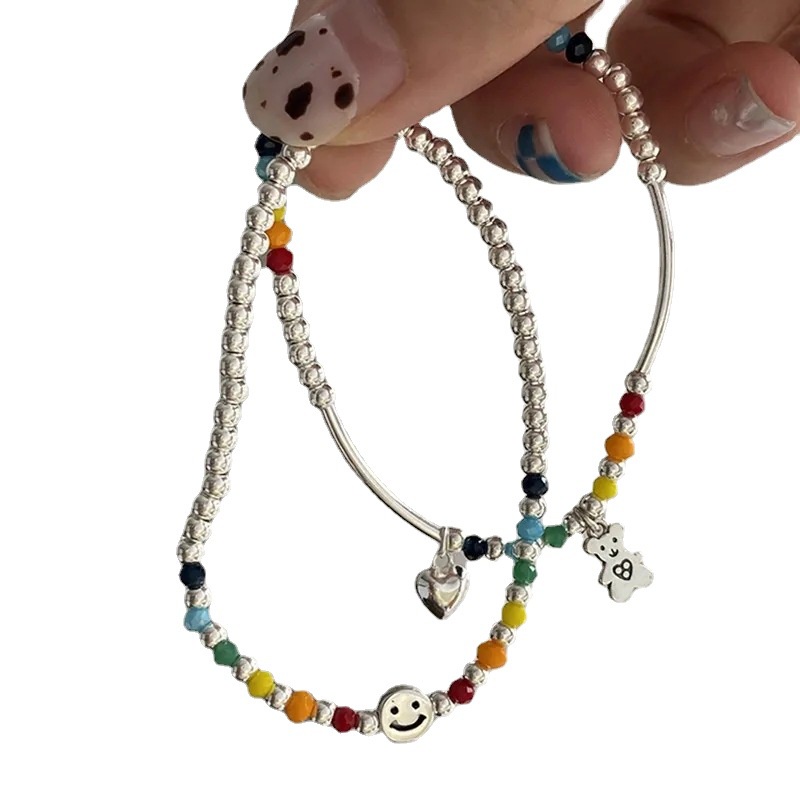 Gelang Manik-Manik Elastis Desain Beruang Hati Smiley Warna Pelangi Gaya Korea Untuk Wanita