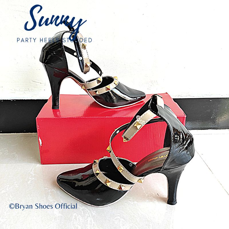 Bryan Sunny Heels Studded Glossy Pesta Rockstude Hak Runcing 9cm Jumbo 36-40 41 43 Berkualitas