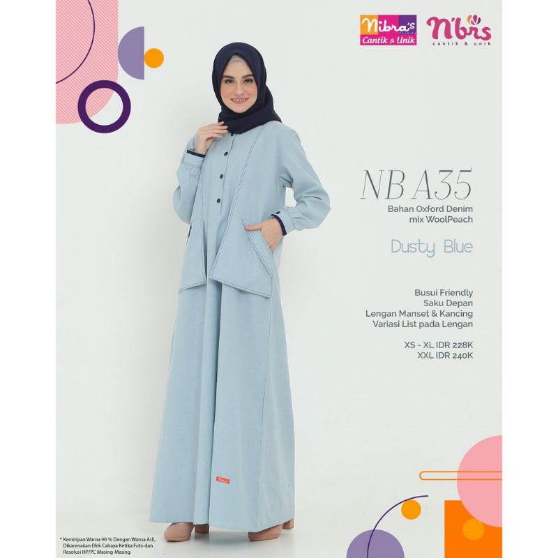 Gamis nibras NBA 35 warna dusty blue size S dan XL.  Gaun muslimah  cocok untuk remaja dan dewasa