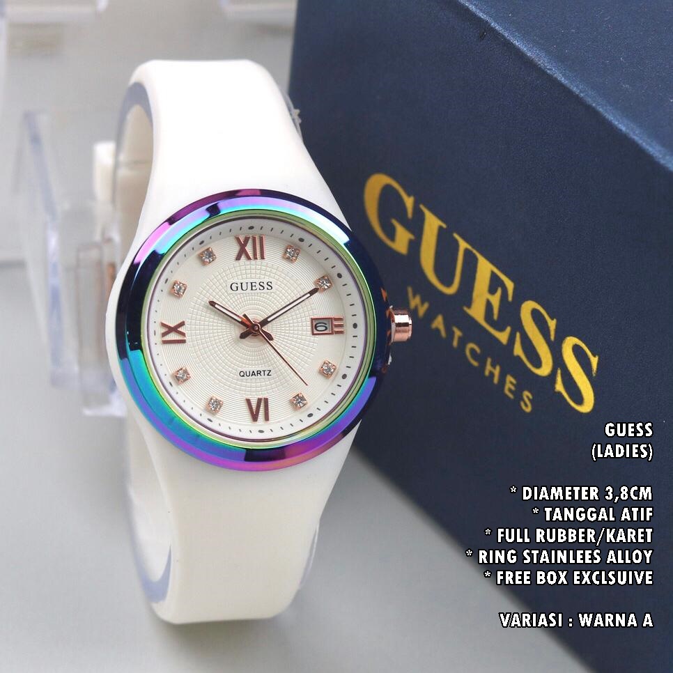 JAM TANGAN WANITA GUESS TALI RUBBER BODY BULAT TANGGAL AKTIF