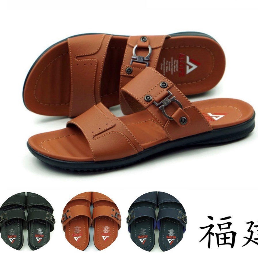 Sandal Slop Kulit Kekinian Casual Sendal Pria Cowok Dewasa Original Premium Brand Lokal Terbaru Kuat-TAN