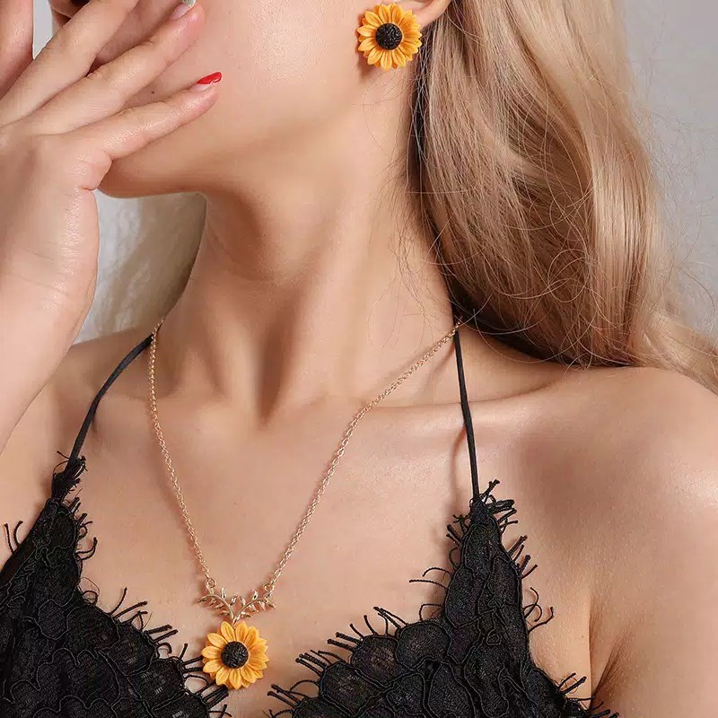 Kalung Bunga Matahari Liontin Sunflower Full color Rantai Panjang Feminim Korean Fashion Style