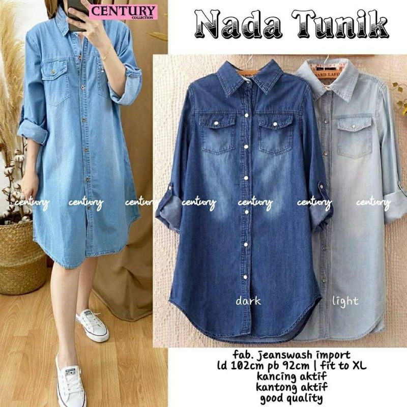 Nada Tunik, TUNIK JEANS WANITA CANTIK FIT XL LD 102 BAHAN JEANS WASH IMPORT TERMURAH KEKINIAN OOTD