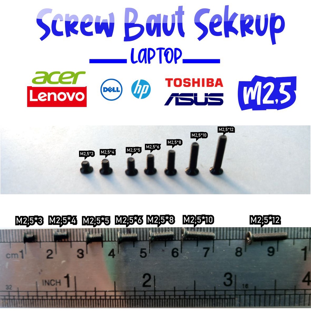 Screw Laptop Asus Baut Casing Laptop Lenovo Sekrup Hardisk  Baud Komputer ukuran M2 M2.5 M3 M4 M5 Warna Hitam Chrome