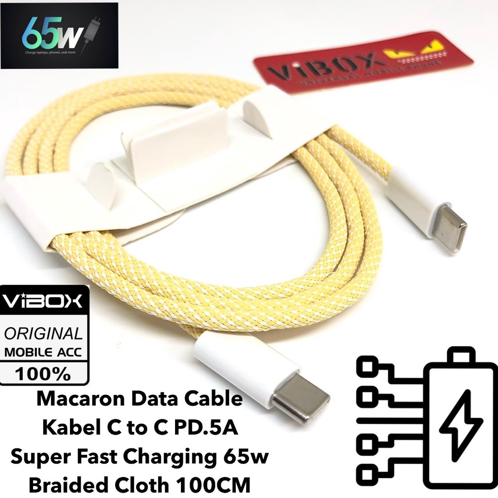 promo Macaron Data Cable TYPE-C TO TYPE-C VIBOX NEW TECHNOLOGY Kabel C to C PD.5A Super Fast Charging 65w  Braided Cloth 100CM