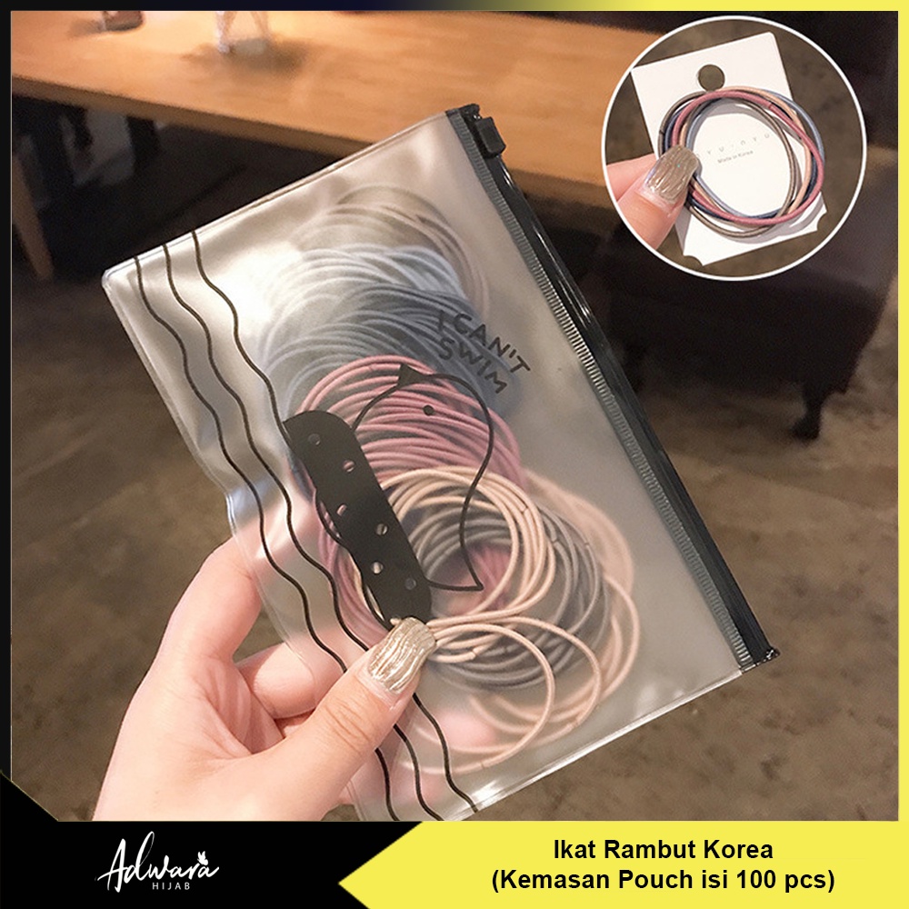 Ikat Rambut Korea 100 Pcs Karet Elastis Polos Kemasan Pouch I Can't Swim