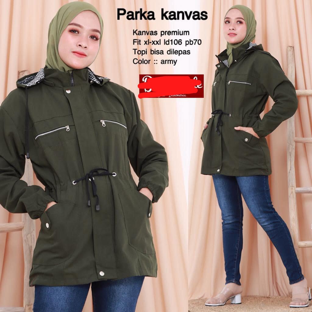 JAKET PARKA WANITA KANVAS JAKET CEWEK KOREA HOODIE KEREN TERBARU HIJAU ARMY