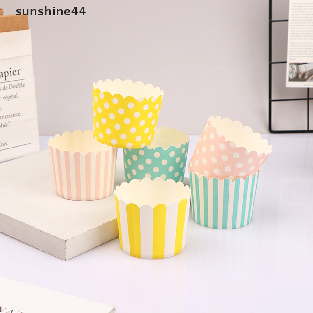 Sunshine 50pcs Kertas Pembungkus Cupcake / Muffin Motif Garis / Polkadot Warna-Warni