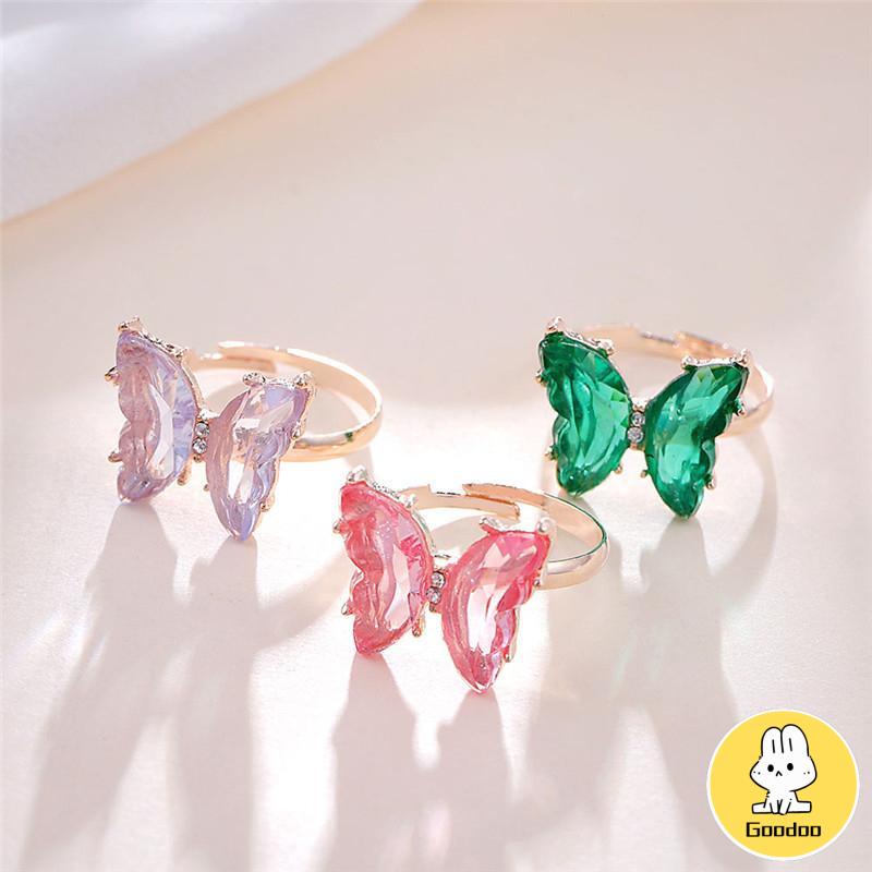 Fashion Cincin Kupu-kupu Terbuka Yang Dapat Disesuaikan Cincin Jari Transparan Berwarna-warni Untuk Hadiah Perhiasan Wanita -Doo