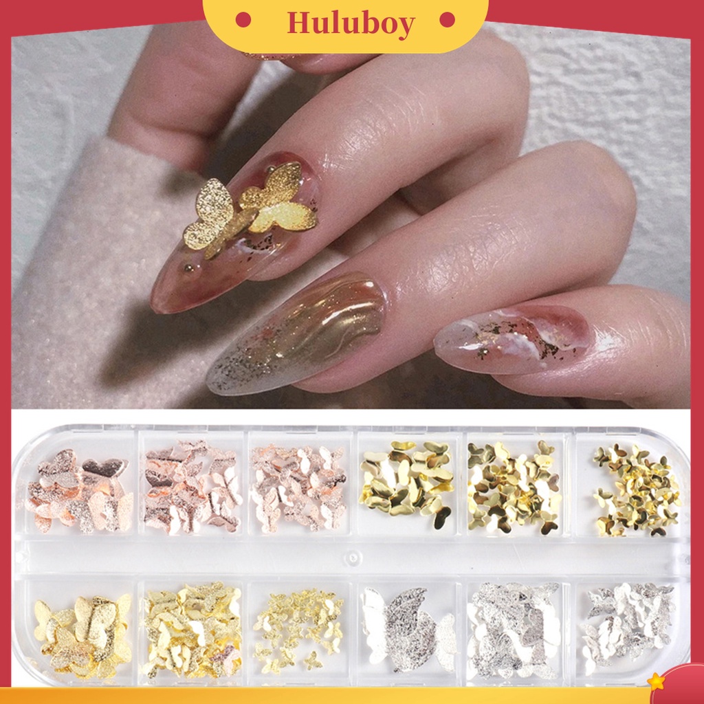 Huluboy Huluboy♡ 1 Kotak Ornamen Kupu-Kupu 3D Bahan Metal Tahan Karat Untuk Dekorasi Nail Art