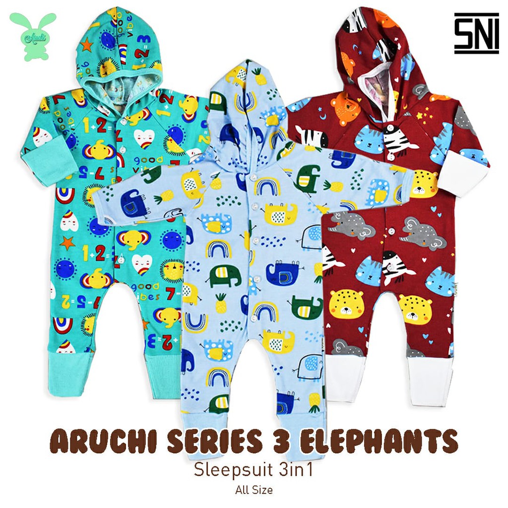 ♥BabyYank♥ ARUCHI SLEEPWEAR / SLEEPSUIT BAYI BERTOPI MOTIF 3ELEPHANT GIRAFFE ARUCHI baby NB (0-3 bulan) 1PCS