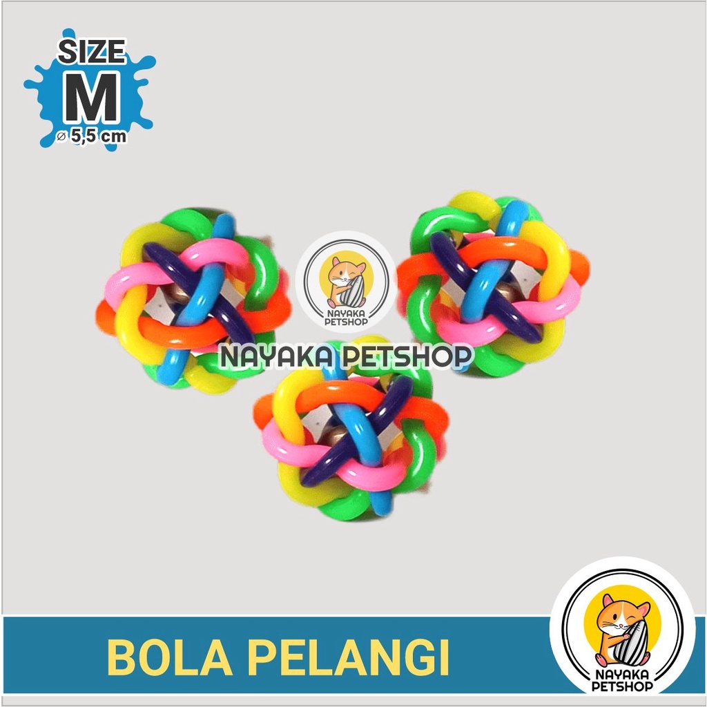 Size M Mainan Kucing Bola Pelangi Karet Bunyi Kerincing Lonceng Pet Cat Toy Ball Kitten Anjing