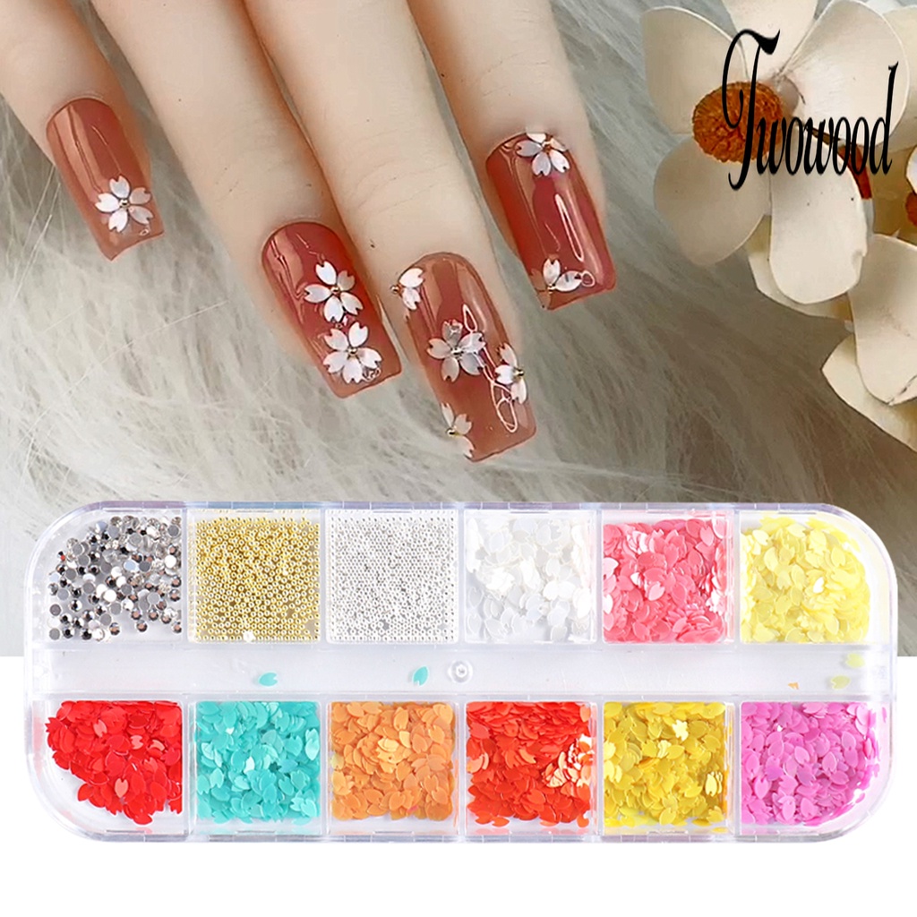 Twowood 1 Kotak Hiasan Kuku Bentuk Kelopak Bunga 3D Tahan Air Untuk Nail Art DIY