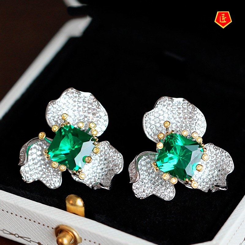 [Ready Stock]High-End Jewelry Flower Stud Earrings Emerald Ring Necklace Set