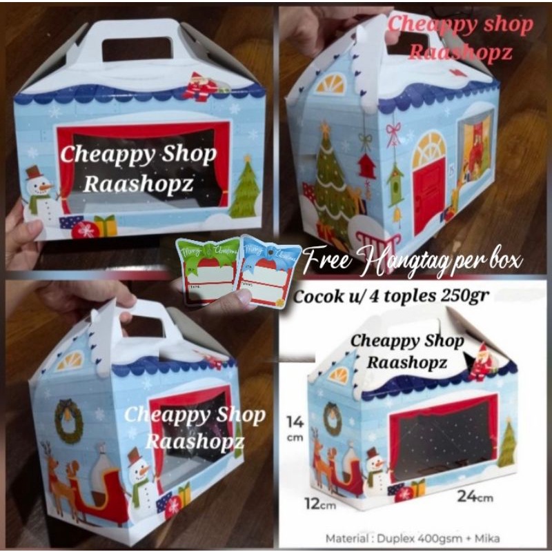 Box Natal 4 Toples 250gr BLUE WHITE (+Free Hangtag) Kotak Kue Kering Dus Hampers Natal CHRISTMAS BOX