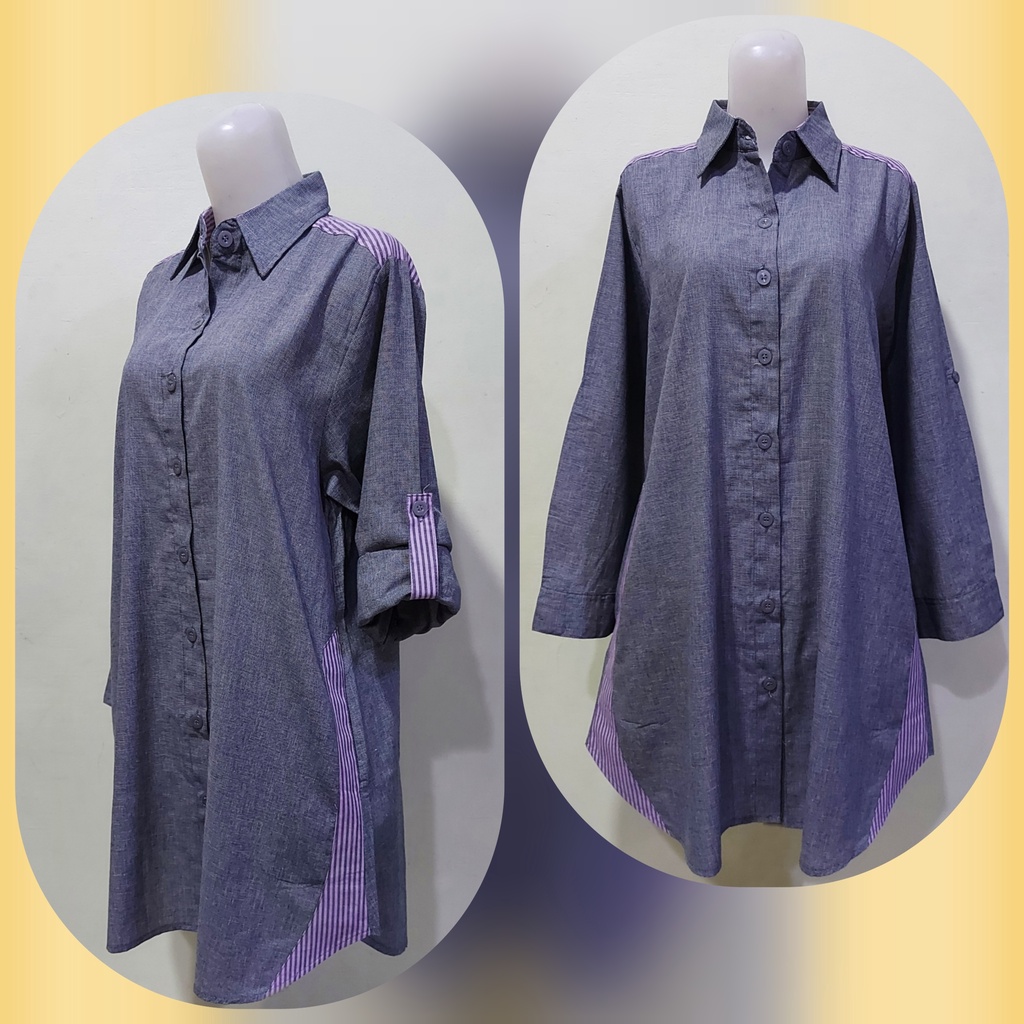 FB Shop Kemeja Tunik Kombinasi Salur, Baju Atasan Wanita, Tunik Kemeja T218021D
