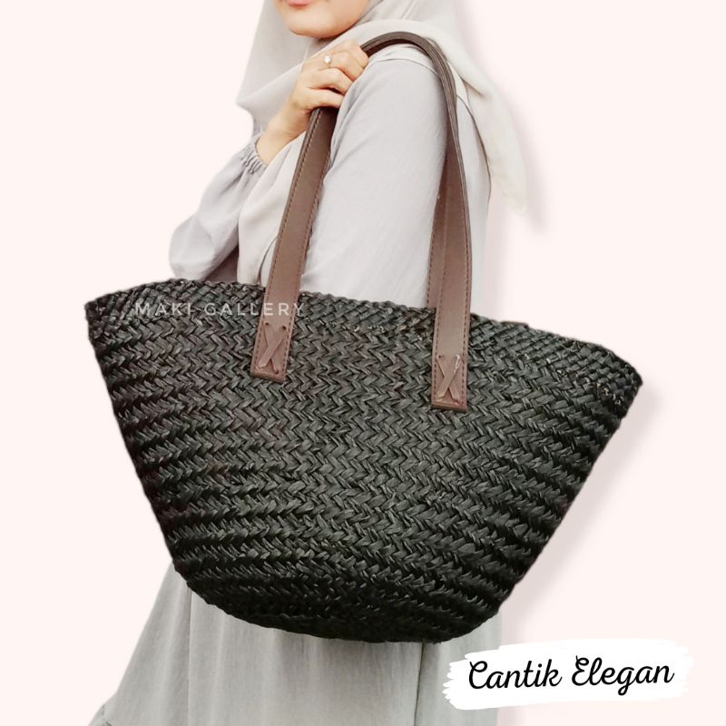 Anyaman Wanita Etnik Tas Anyaman Etnik Bali Tote Bag Bahan Mendong Tali Kulit Natural