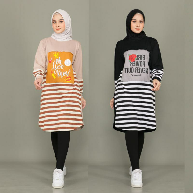 New Atasan Tunik Mareema Motif Garis - Garis / Blus Pakaian Wanita Muslim Muslimah
