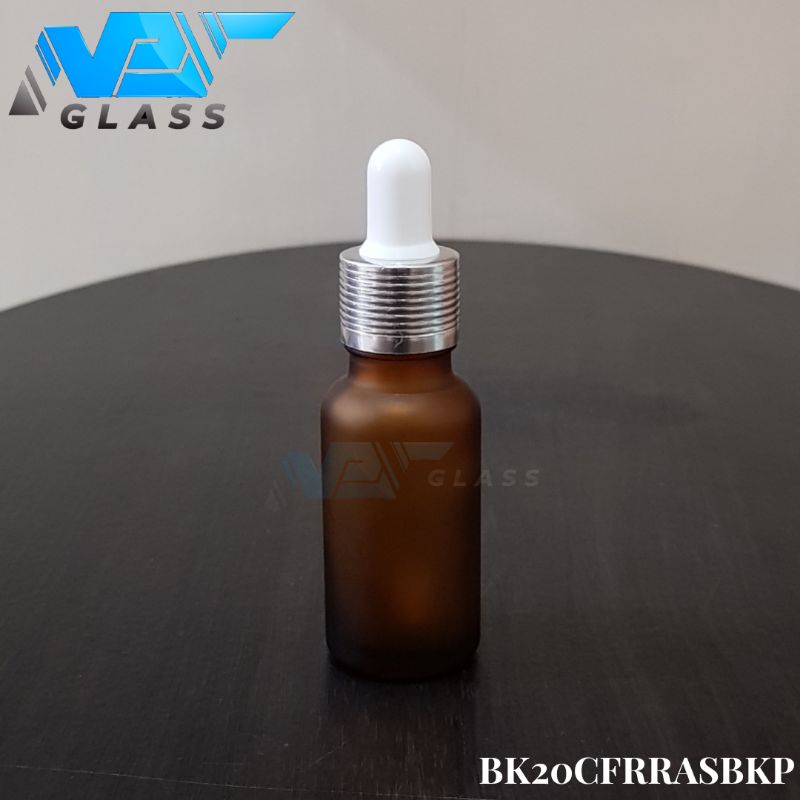 botol kaca pipet 20ml frosted doff coklat amber - ring almunium silver bergaris