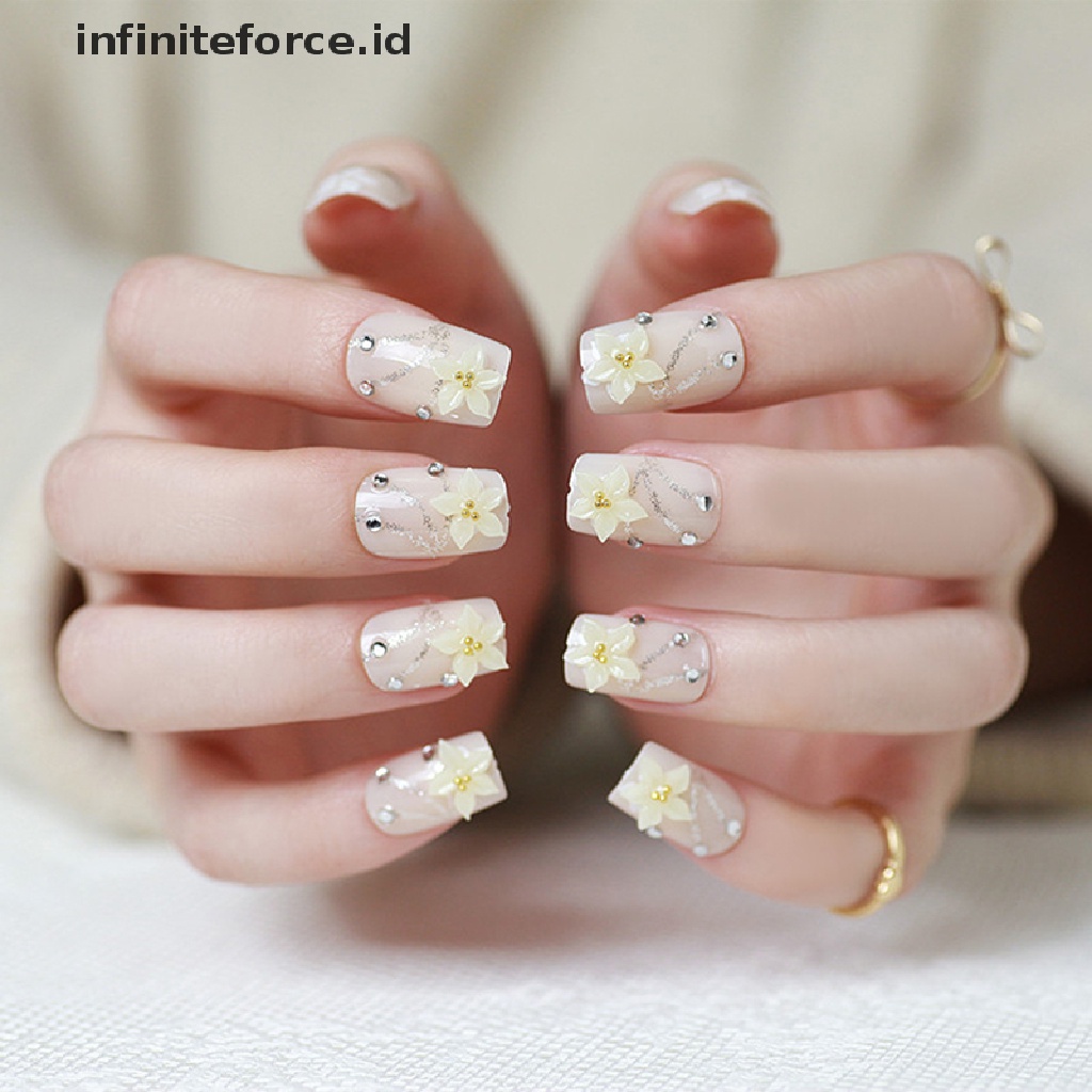 Infiniteforce.id 24pcs / Set Kuku Palsu 3D Motif Bunga Plum Untuk Pengantin Wanita