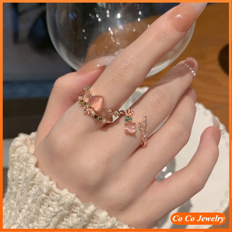 Cincin Model Terbuka Desain Hati Ganda Opal Warna Pink Untuk Wanita