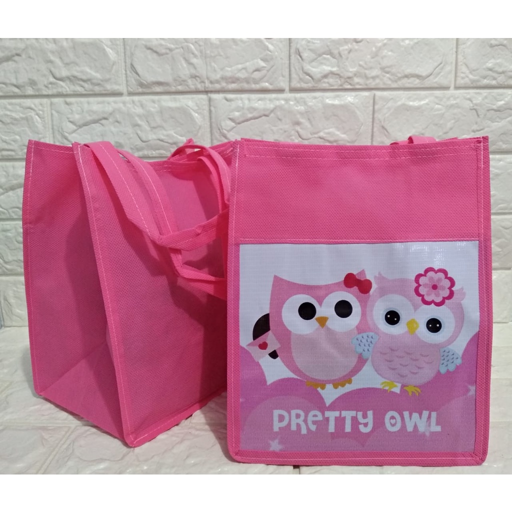 Tas NK Tema Animal Spunbond Goodie Bag Souvenir Ulang Tahun Anak Bingkisan Party Gift Birthday-Owl Pink