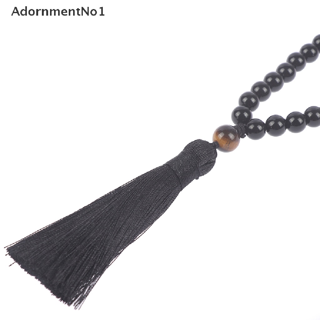 [AdornmentNo1] Natural Black Onyx &amp; Wood Beaded Mala Buddha Tassel Necklace Rosary 8mm Beads [new]