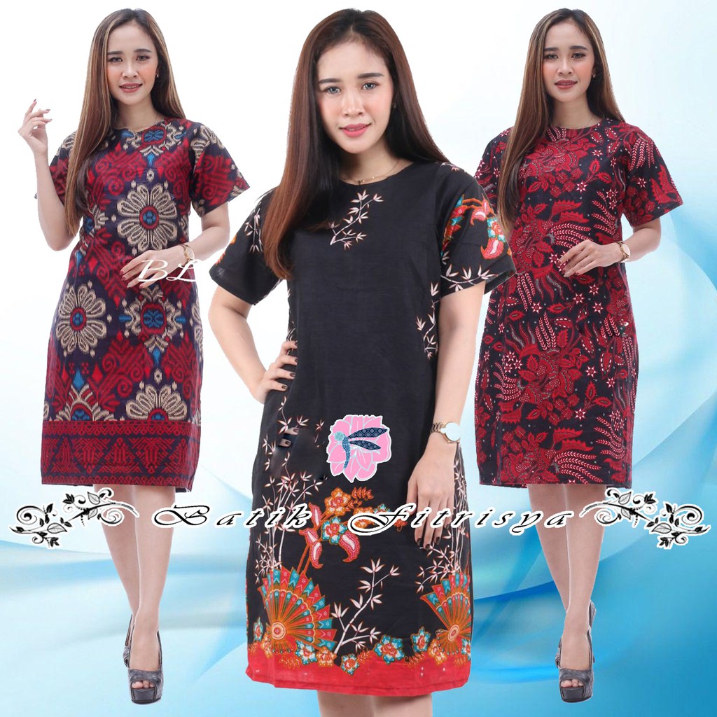 Batik Dress - LENGAN PENDEK MOTIF MERAH KOMBINASI MODEL BARU MURAH