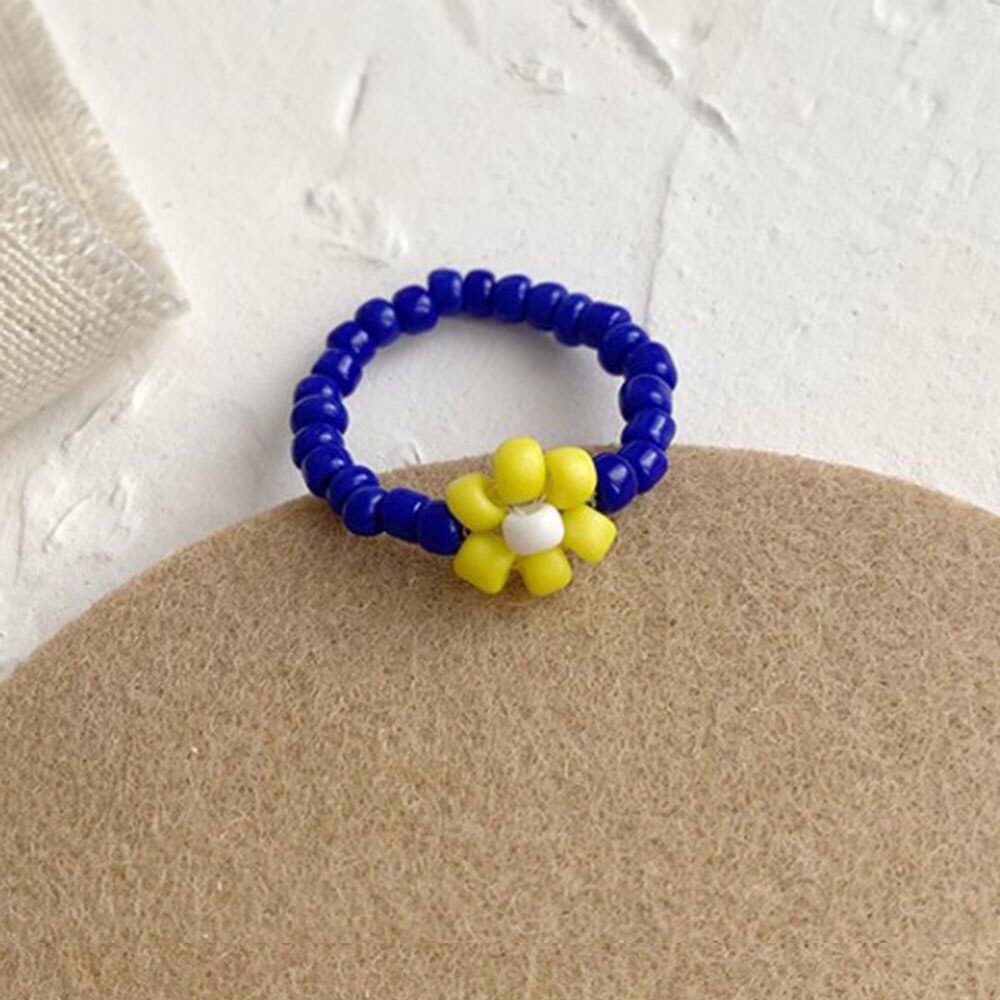 Cincin Elastis Adjustable Desain Bunga Manik-Manik Resin Warna Biru Hitam Merah Putih Gaya Bohemian Untuk Wanita