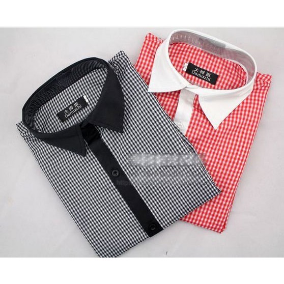 Kemeja pria 007 motif kotak-kotak kecil lengan panjang korea style