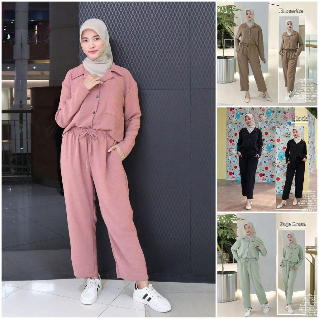 IZANY One Set Kemeja Panjang Crinkle Airflow / Setelan Wanita