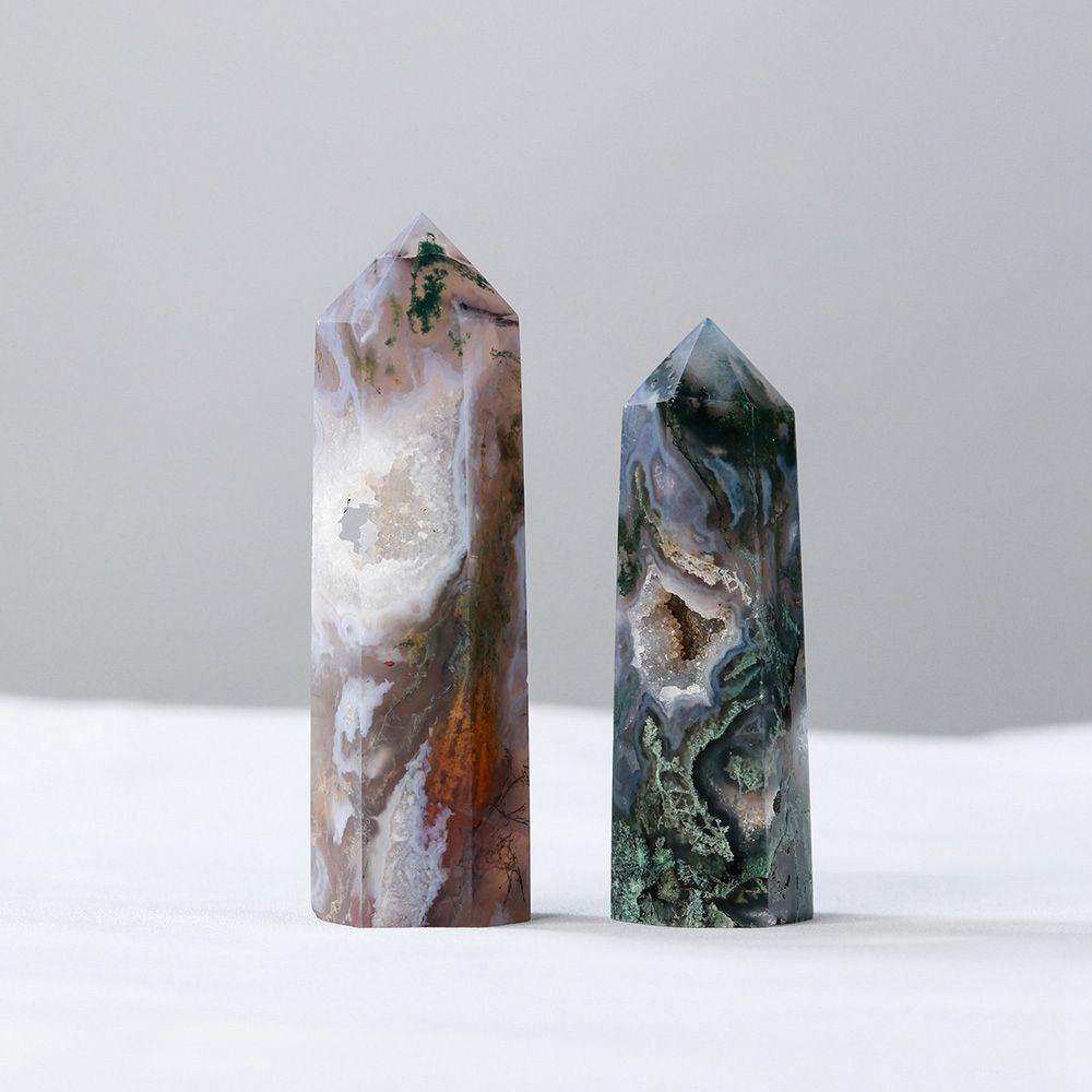 Batu Kristal Agustina Healing Obelisk Natural Green Moss Fluorite Terapi Meditasi Rohani Kerajinan Hiasan Meja Dekorasi Tongkat Penyembuhan