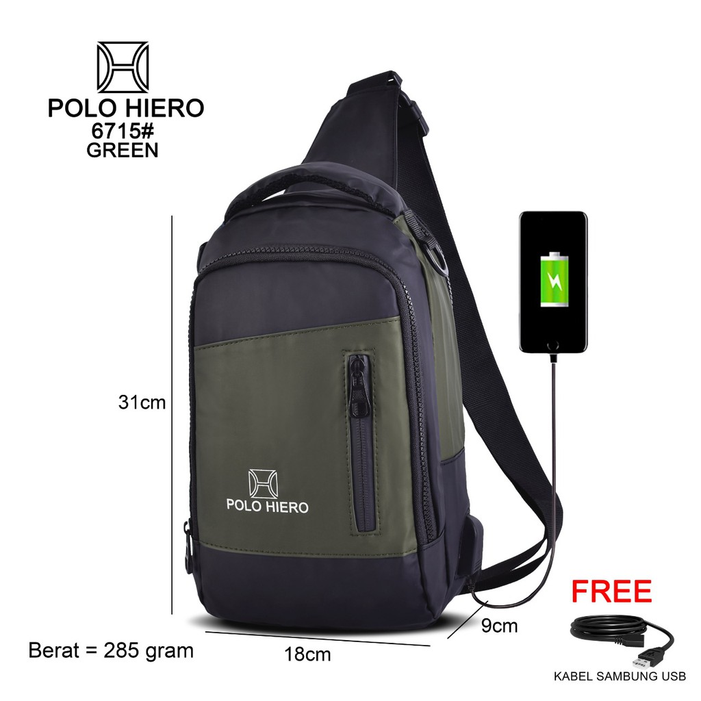 NEW Model Tas Selempang Polo Hiero 6715 Bisa Ransel,Selempang,Slingbag 3IN1 Free Kabel USB Extension