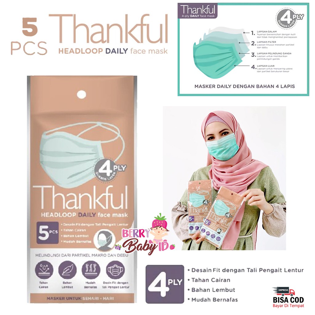 Thankful Masker Hijab Dewasa 4 Ply Isi 5 Pcs Headloop Daily Face Mask Berry Mart