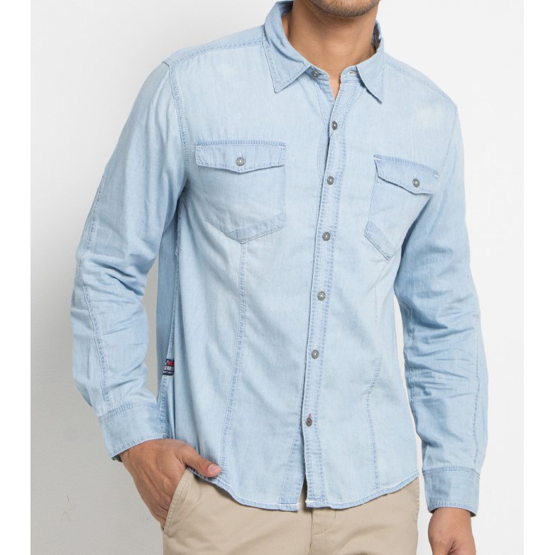 Kemeja Bombboogie Slim Fit Semi Soft Jeans Warna Biru Muda