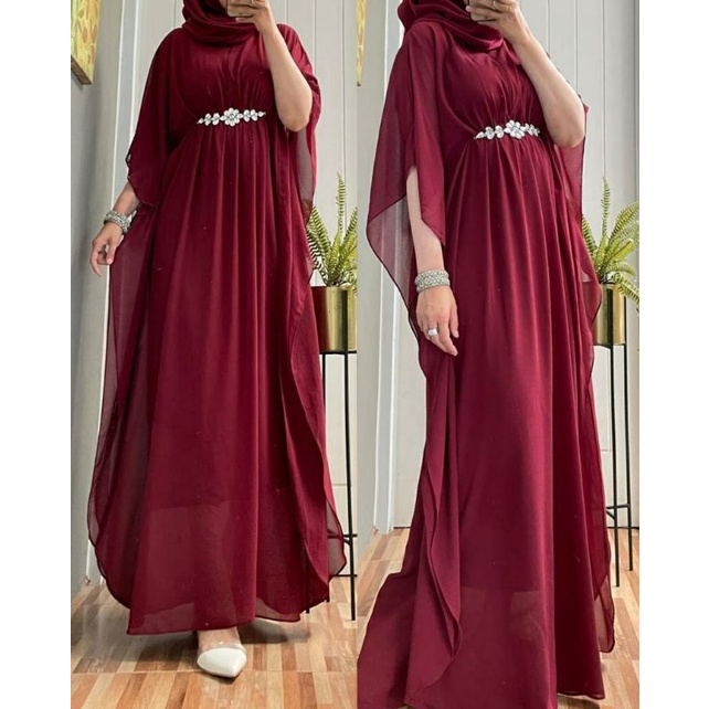 Hana Kaftan, KAFTAN WANITA MUSLIM CANTIK FIT XXL LD 120 BAHAN CERUTTY WITH FURING MIX MUTIARA ZIPPER BUSUI OOTD MODIS TERMURAH