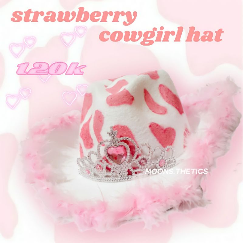 strawberry cowgirl hat y2k, aesthetic cowboy hat, y2k cowboy hat, topi koboy/koboi