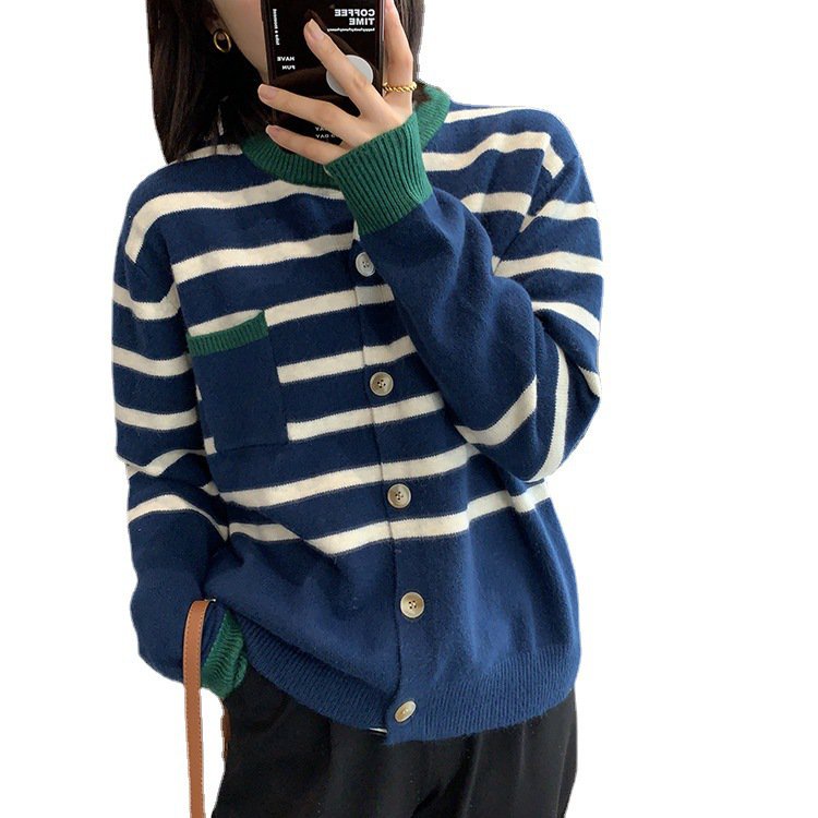 #Sisjuly# Wanita Striped Button Cardigan Longgar Preppy Lengan Panjang Jaket Sweater Rajut