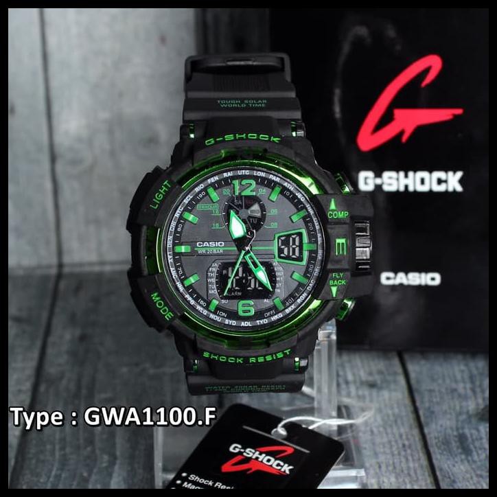 Jam Tangan Pria G-Shock Gwa 1100 Hitam List Hijau Dual Time