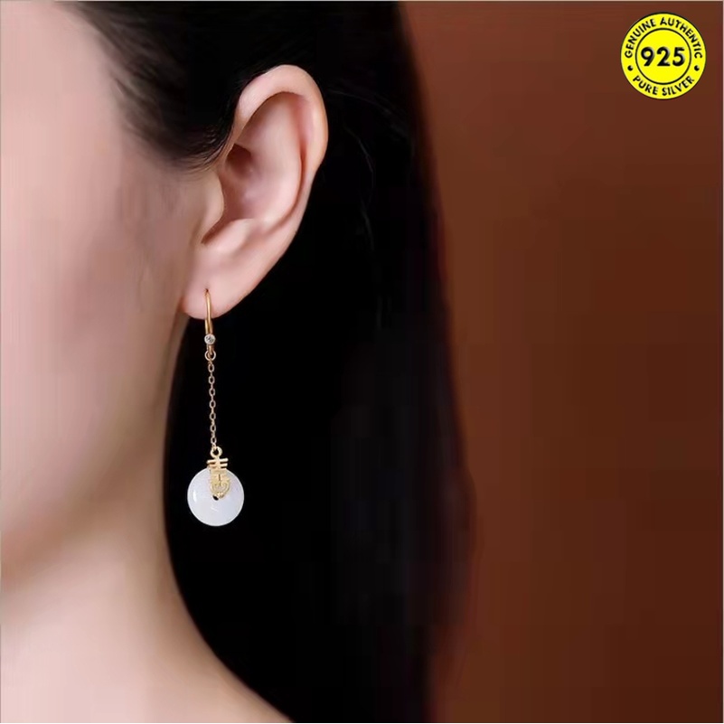 Anting Kait Gantung Batu Giok Hetian Double Happiness Peace Gaya National Untuk Wanita