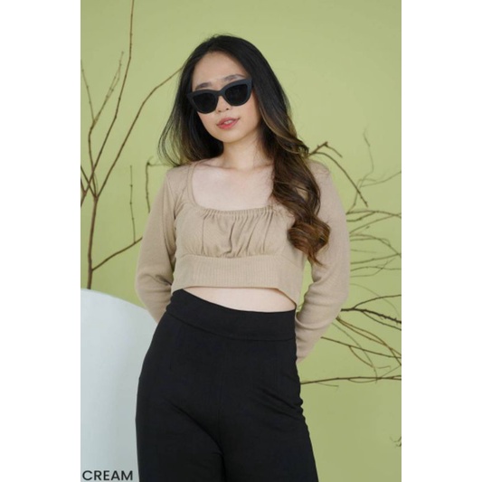 Ruched Crop Top Longsleeve Baju Atasan Rajut Wanita Sexy Outfit Pantai